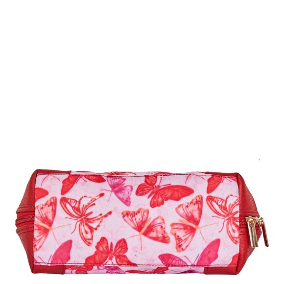 Printed Fabric Pink Cosmetic Pouch Bag for Women, Travel Case with Leather trim - Picture 7 of 8